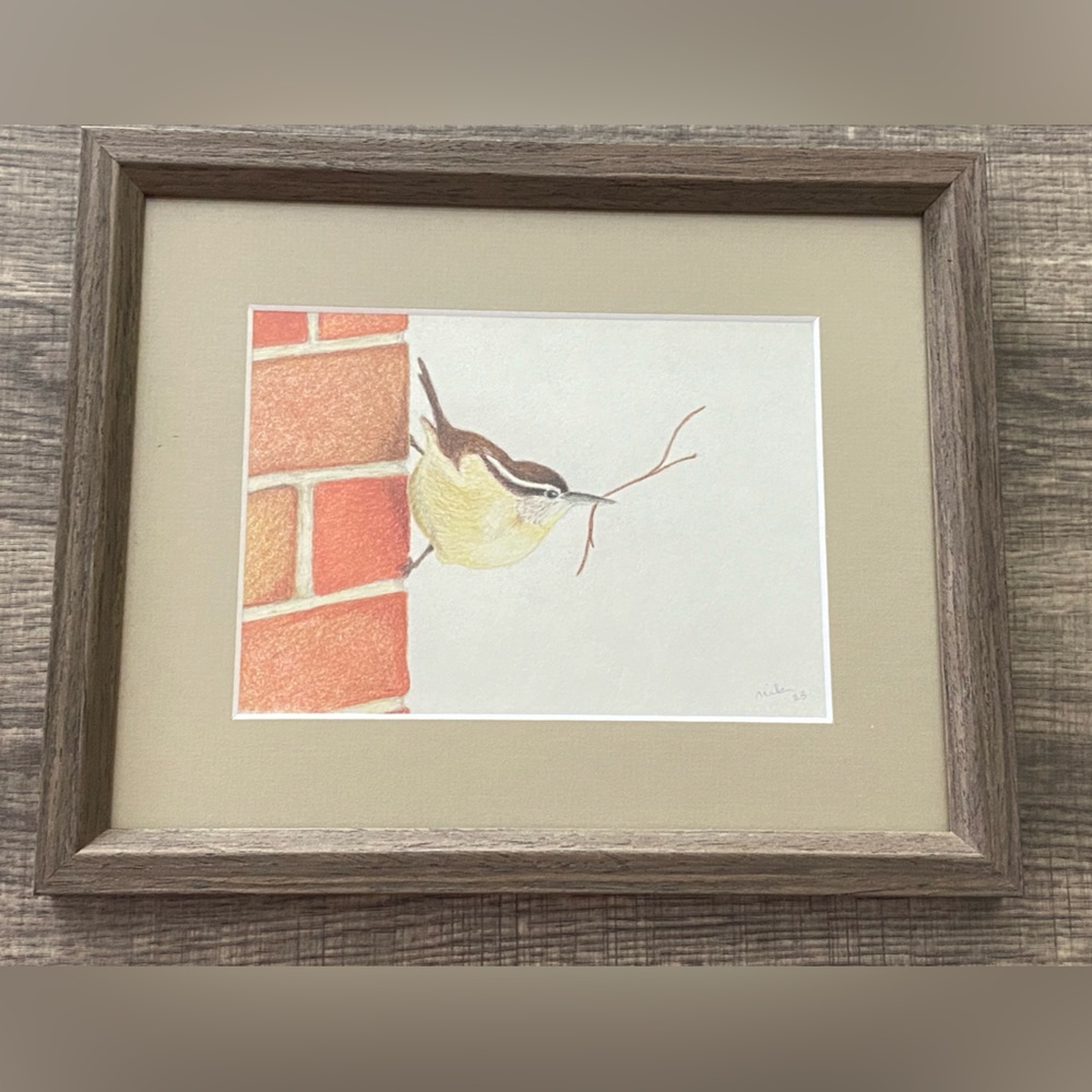 🧁 Original “Wren” Colored Pencil Drawing, Matted & Framed by Nikki Homer